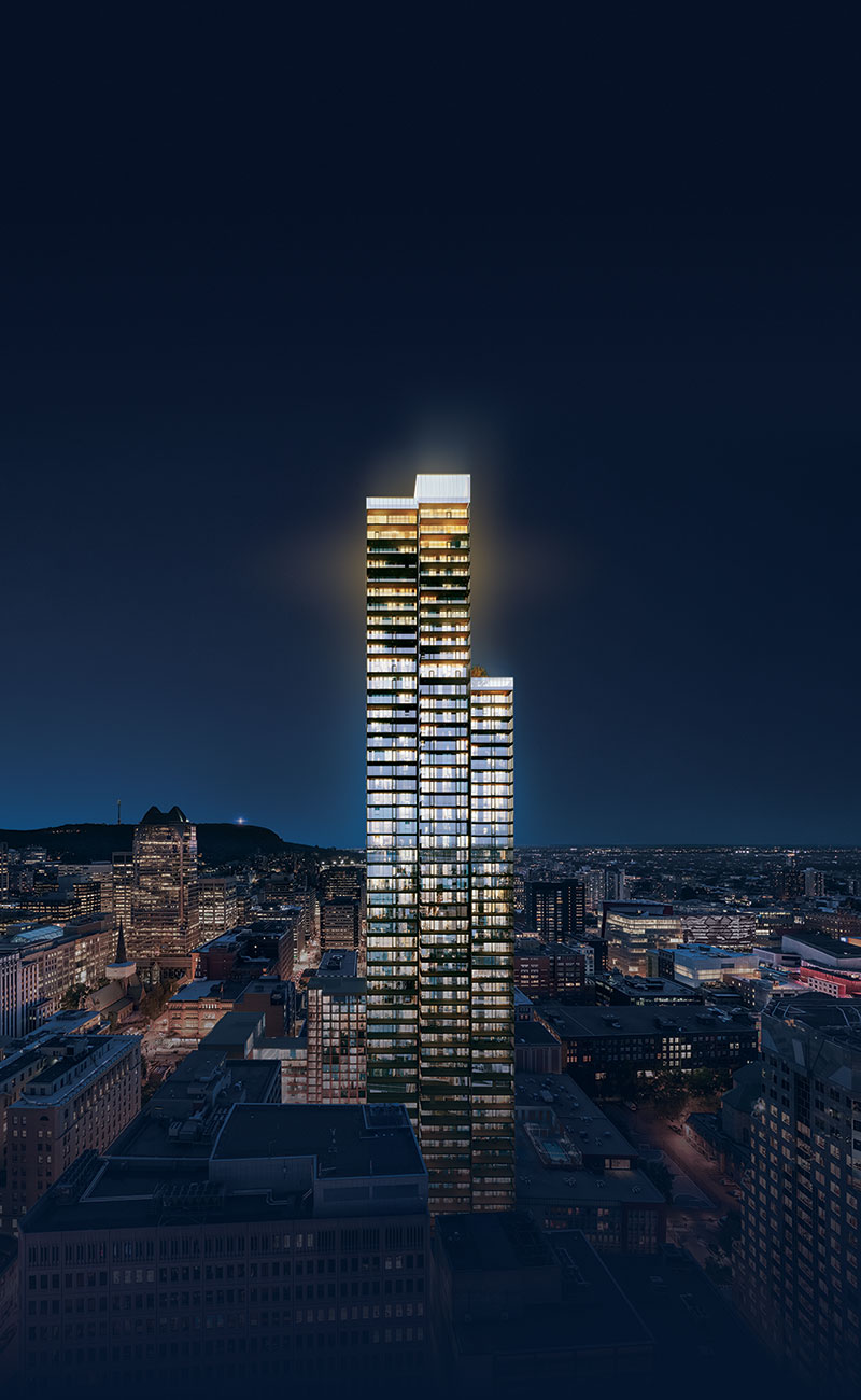 Penthouse à Montréal avec une vue en panoramique de la ville incluant l'immeuble à 61 étage