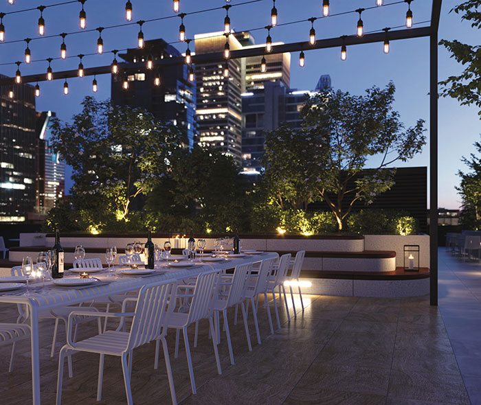 Rooftop terrace with garden of a luxury condo building in Montreal
