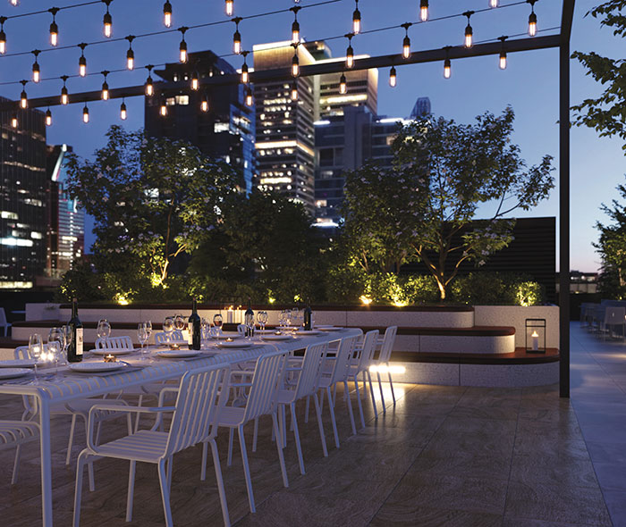 Terrasse sur le toit avec jardin d’un édifice à condos de luxe à Montréal