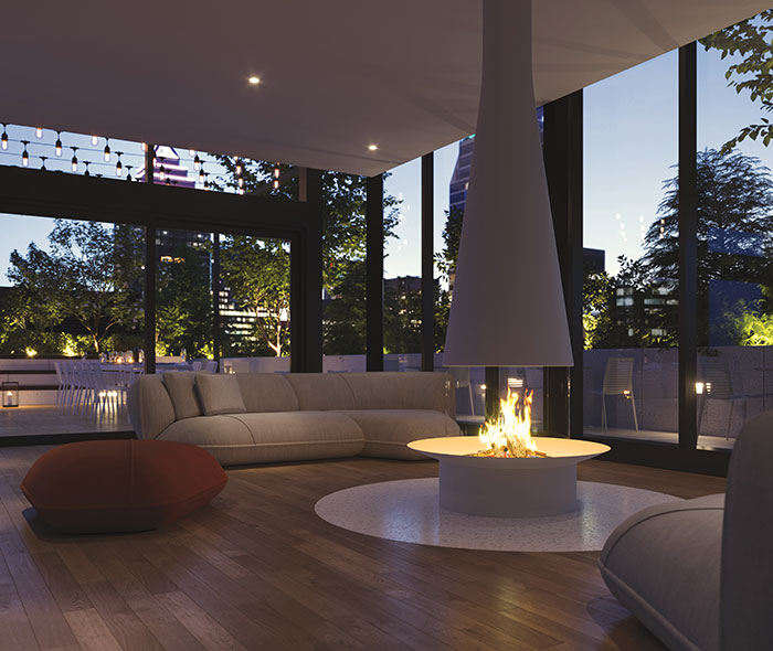 Terrasse sur le toit avec foyer des condos à vendre du projet immobilier 1 Square Phillips à Montréal