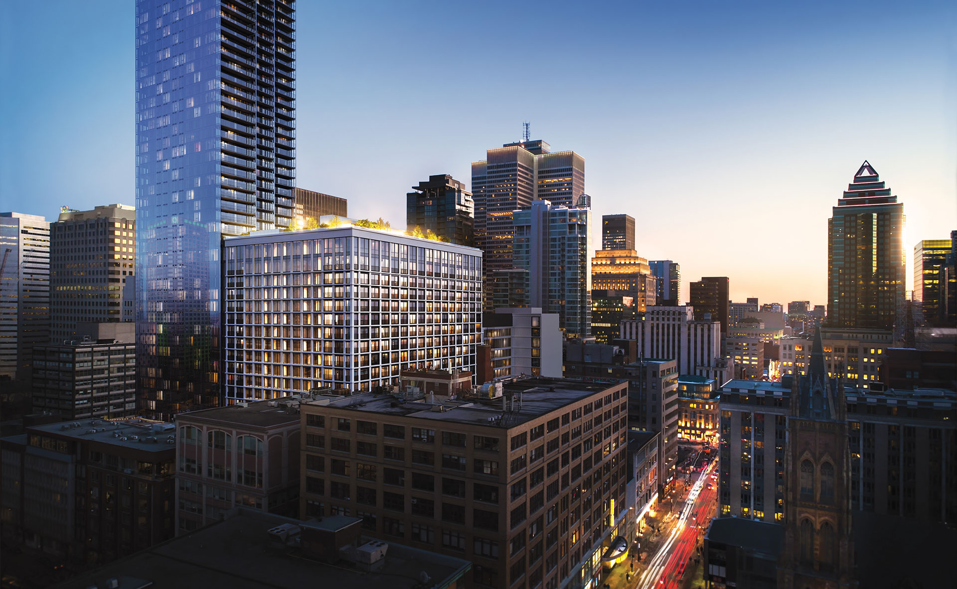 Vue de la terasse des condos de luxe à Montréal de 1 Square Phillips