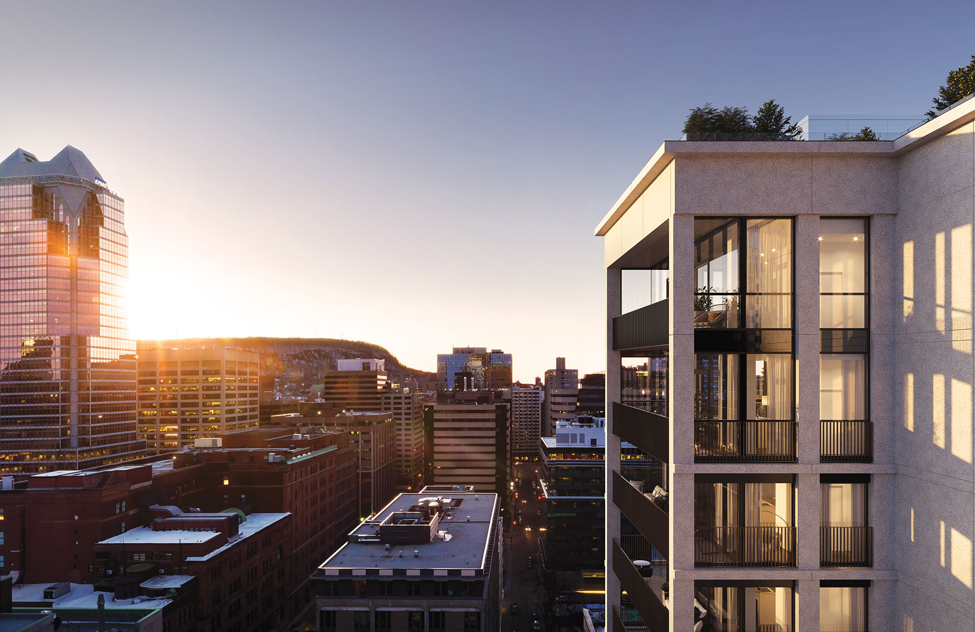 Outisde view of townhouses in Montreal inside 1 Square Phillips