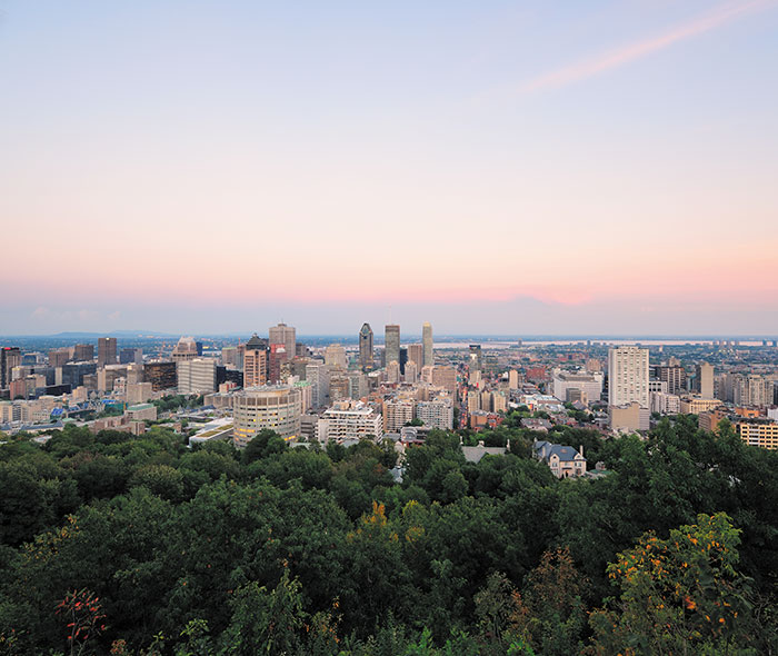 Arial view of downtown Montreal where is located the lofts for sale of 1 Square Phillips