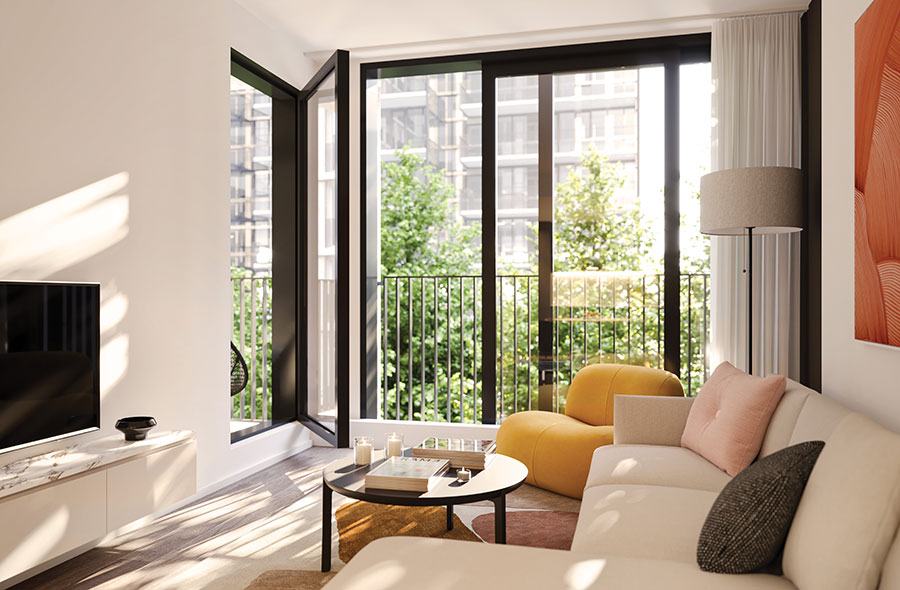 Lounge area with view of the exterior of a condo for sale in Montreal